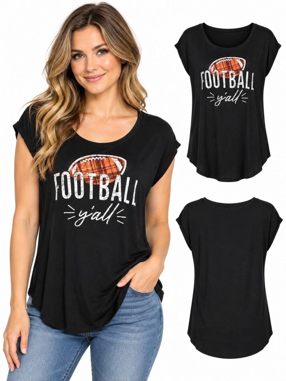 Maurices XS Black Graphic Tee Football Y’all Sequin Plaid Football Top